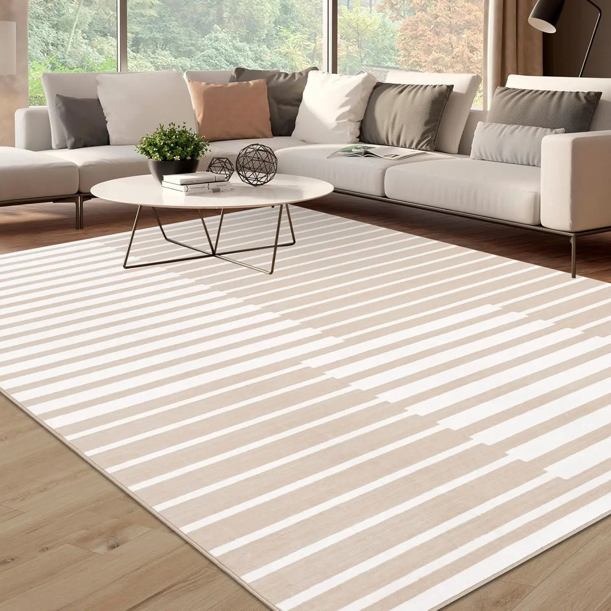 Short pile rug in Sand Beige, beige stripes on cream in a living room