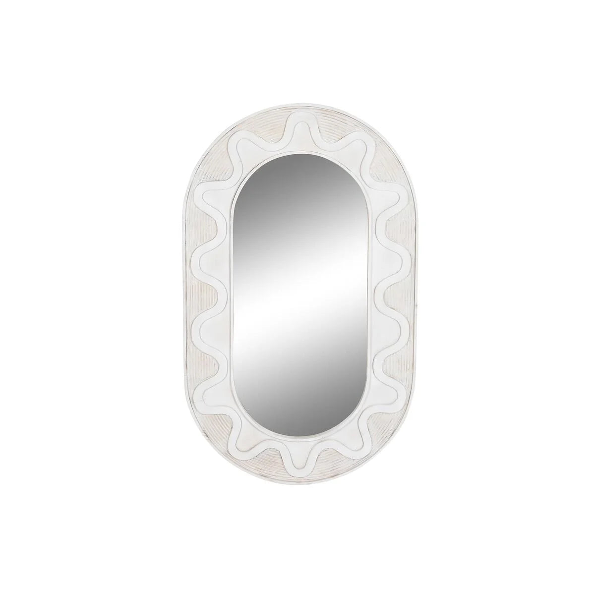 Front view of the white capsule wall mirror with its carved wavy frame