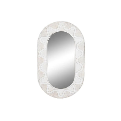 Front view of the white capsule wall mirror with its carved wavy frame