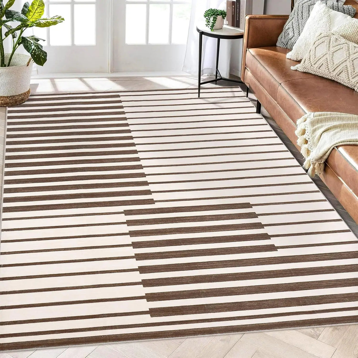 Short pile rug in Mocha Brown, brown stripes on cream