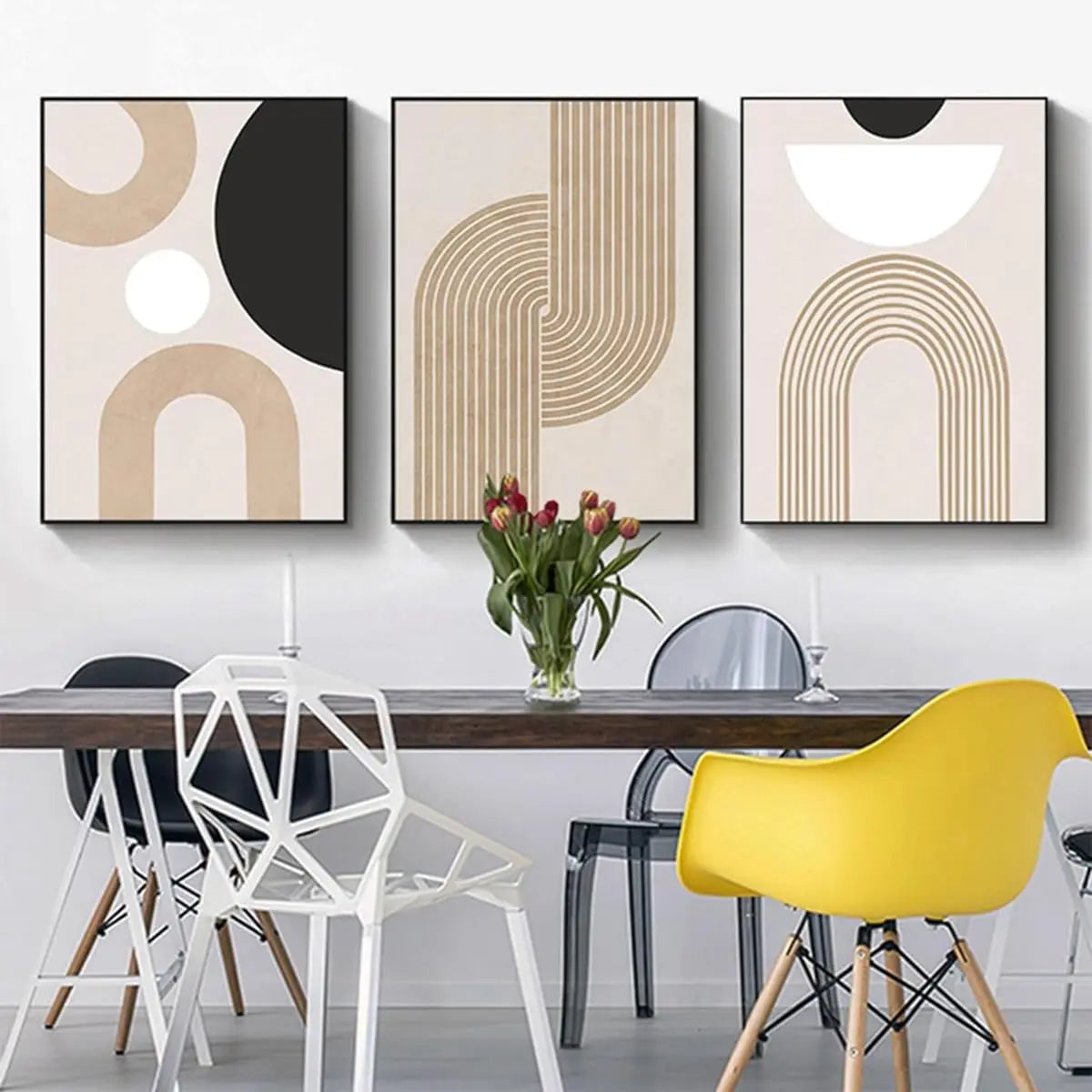 Boho Abstract Canvas Triptych 60x90cm | Set of Three Framed Wall Art Panels