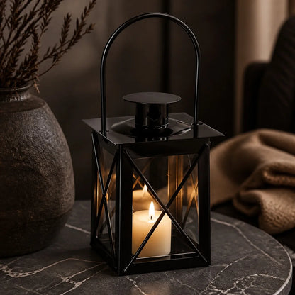 Black Metal & Glass Candle Lantern 16cm | Small Vintage Hanging Lantern