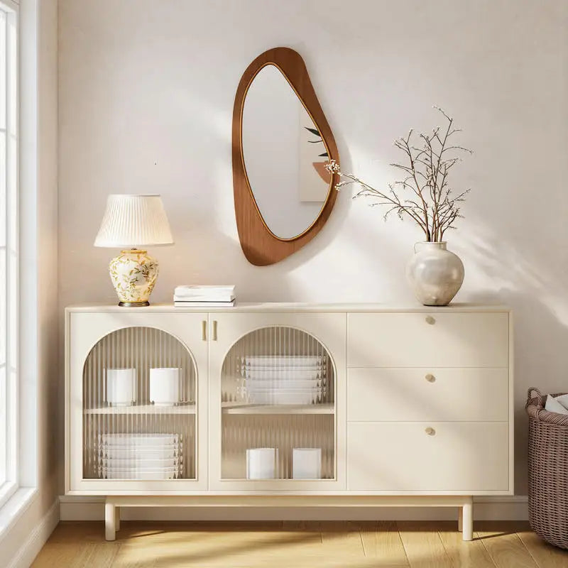 Organic Wooden Wall Mirror 91.5x45cm | Asymmetric Pebble-Shape Mirror in Warm Brown