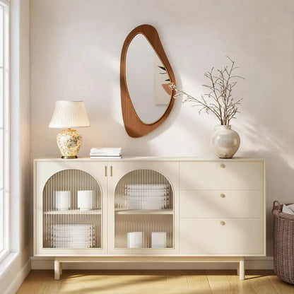 Organic Wooden Wall Mirror 91.5x45cm | Asymmetric Pebble-Shape Mirror in Warm Brown