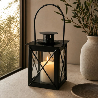 Black Metal & Glass Candle Lantern 16cm | Small Vintage Hanging Lantern