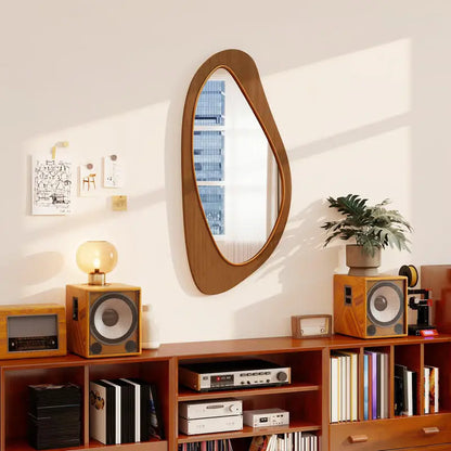 Organic Wooden Wall Mirror 91.5x45cm | Asymmetric Pebble-Shape Mirror in Warm Brown