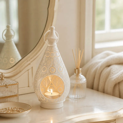 Arabic Openwork Candle Lantern 28.5cm | White Iron Tealight Lantern, Table or Hanging