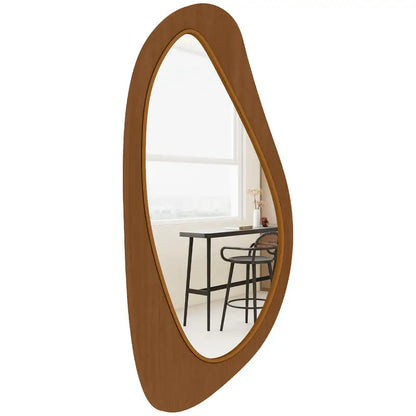 Organic Wooden Wall Mirror 91.5x45cm | Asymmetric Pebble-Shape Mirror in Warm Brown