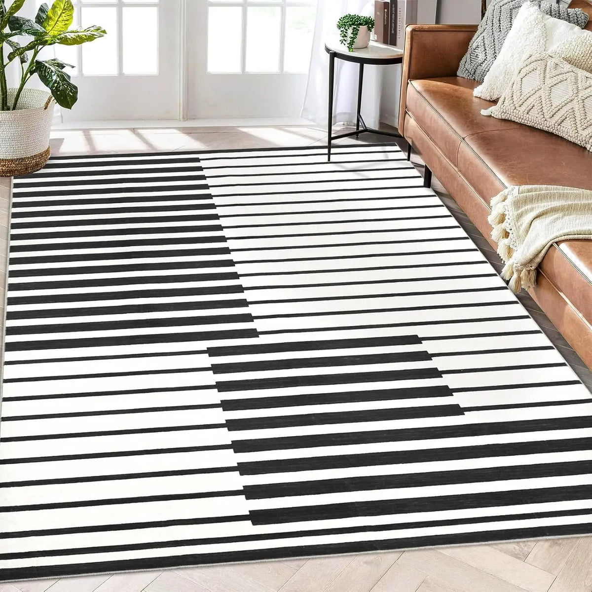 Short pile rug in Ink Black, black stripes on cream