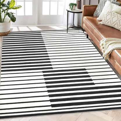 Short pile rug in Ink Black, black stripes on cream