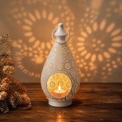 Arabic Openwork Candle Lantern 28.5cm | White Iron Tealight Lantern, Table or Hanging