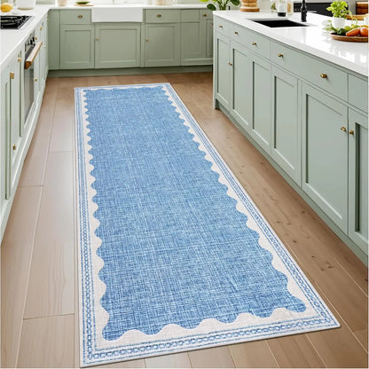 Azure Wave runner, blue with a scalloped border, in a kitchen