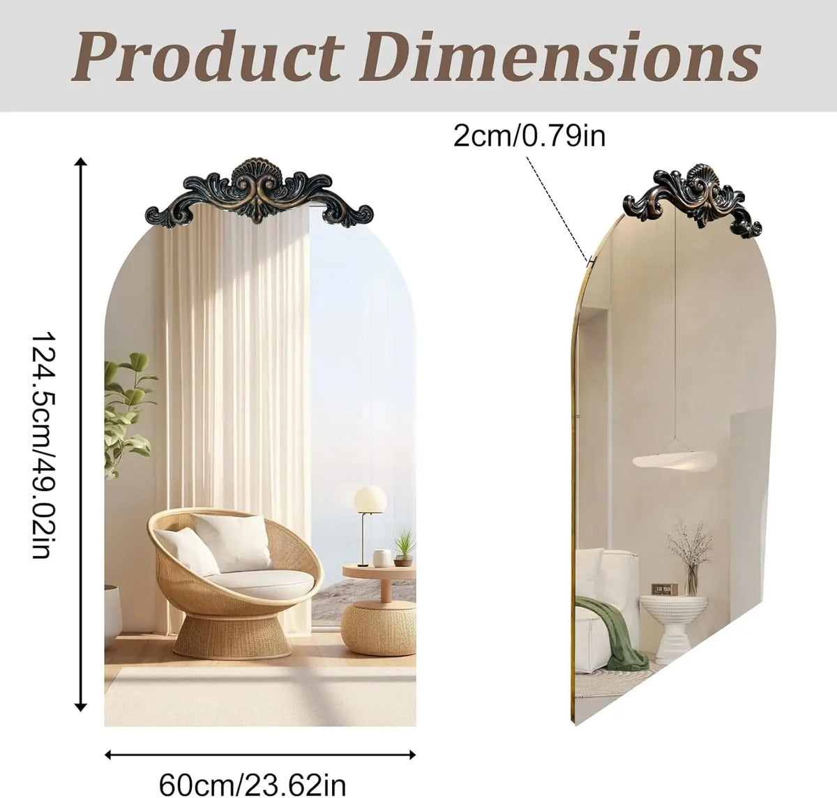 Arched Wall Mirror 60x120cm | Tall Arch Mirror with Ornate Crest