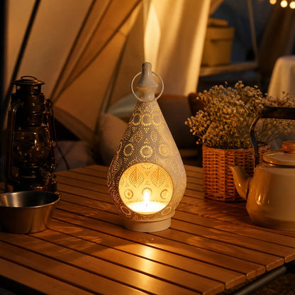 Arabic Openwork Candle Lantern 28.5cm | White Iron Tealight Lantern, Table or Hanging