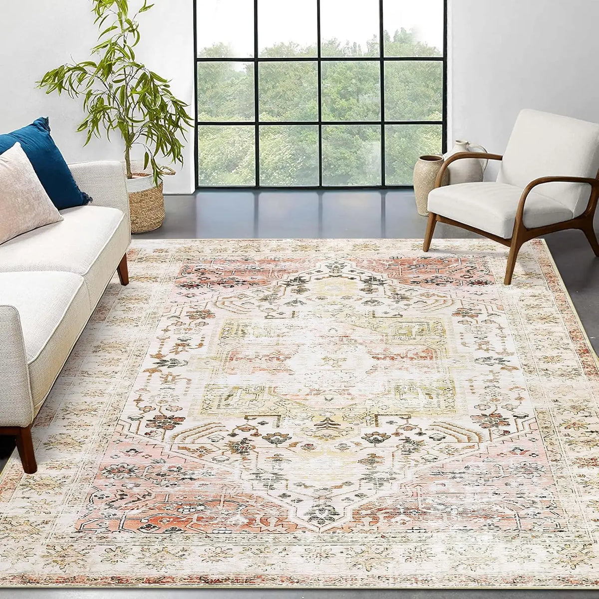 Vintage Oriental Washable Rug | Low Pile Distressed Rug, Beige, Blue or Grey