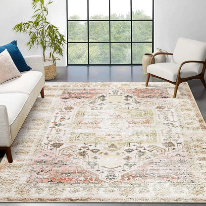 Vintage Oriental Washable Rug | Low Pile Distressed Rug, Beige, Blue or Grey