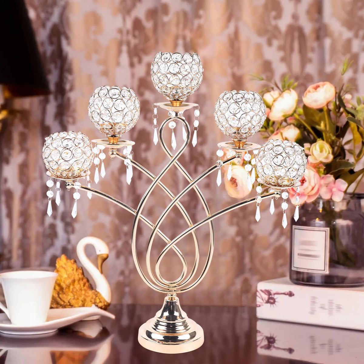 Crystal Candelabra 62cm | Tall Five-Arm Crystal Candlestick Centrepiece