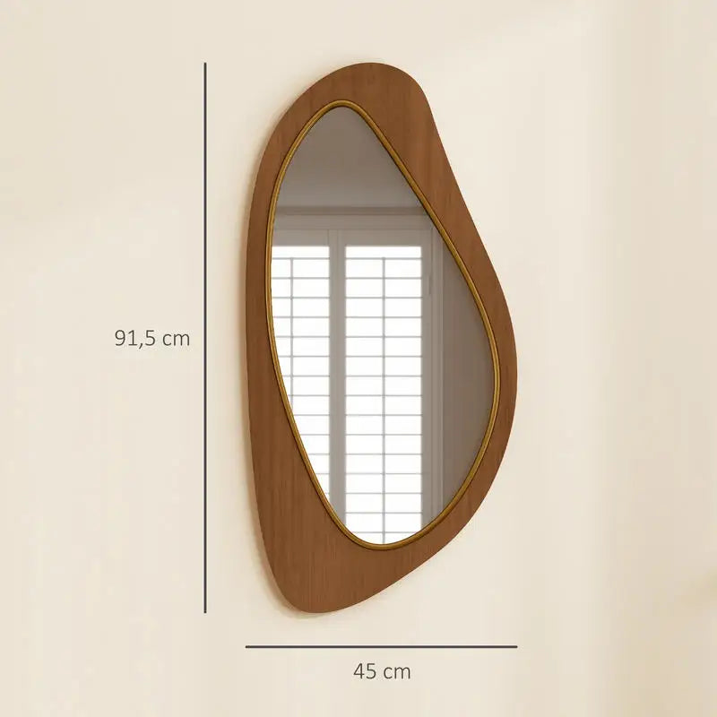 Organic Wooden Wall Mirror 91.5x45cm | Asymmetric Pebble-Shape Mirror in Warm Brown