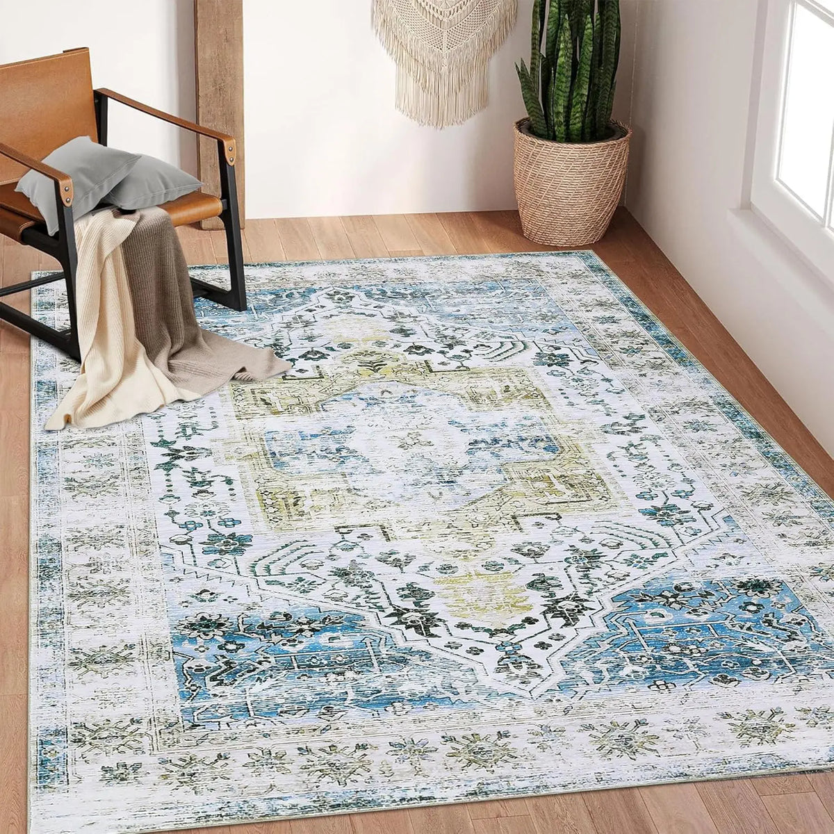 Vintage Oriental Washable Rug | Low Pile Distressed Rug, Beige, Blue or Grey