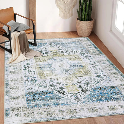 Vintage Oriental Washable Rug | Low Pile Distressed Rug, Beige, Blue or Grey