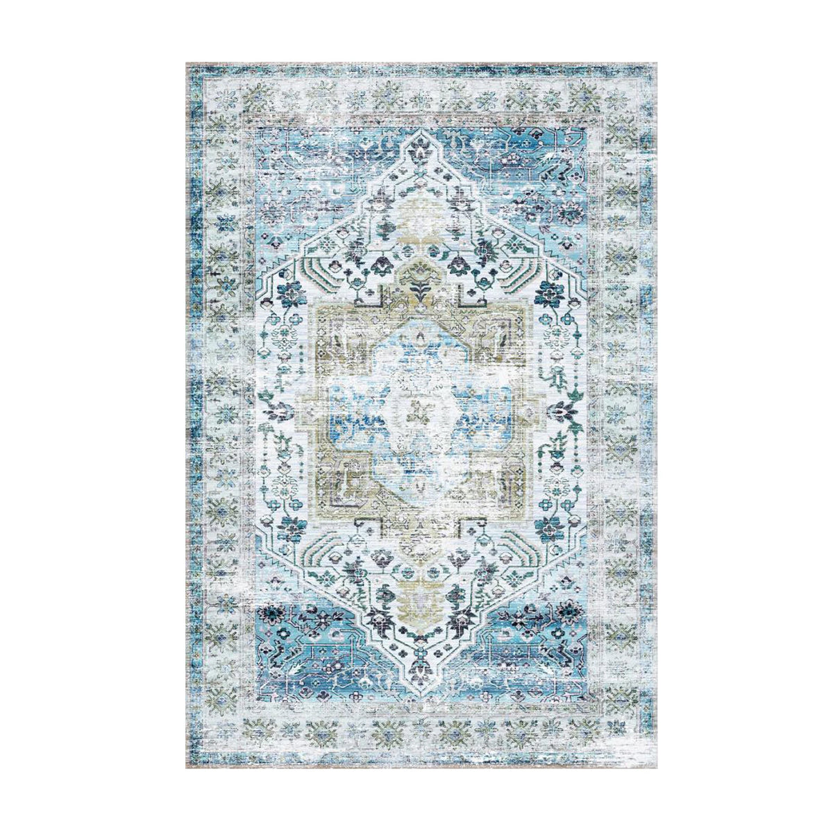 Vintage Oriental Washable Rug | Low Pile Distressed Rug, Beige, Blue or Grey