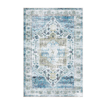 Vintage Oriental Washable Rug | Low Pile Distressed Rug, Beige, Blue or Grey