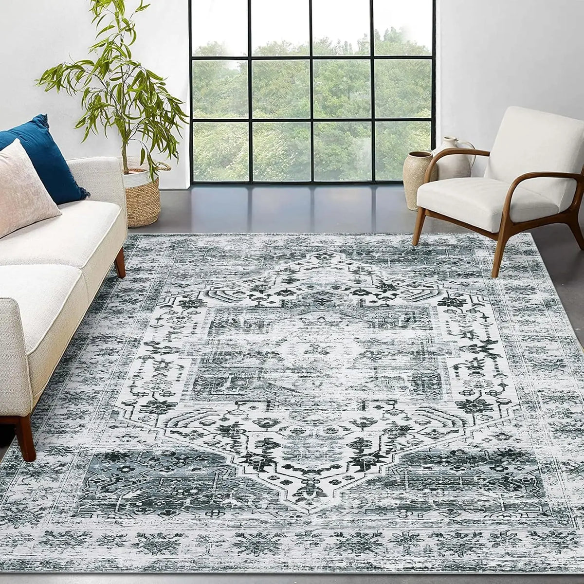 Vintage Oriental Washable Rug | Low Pile Distressed Rug, Beige, Blue or Grey