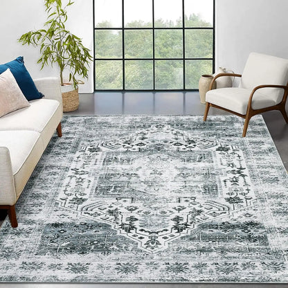 Vintage Oriental Washable Rug | Low Pile Distressed Rug, Beige, Blue or Grey