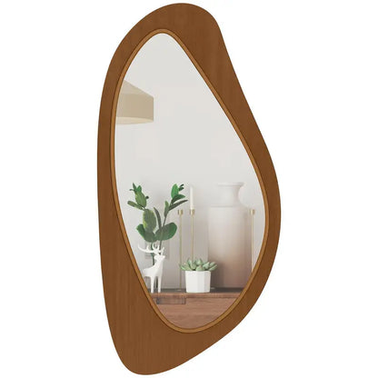 Organic Wooden Wall Mirror 91.5x45cm | Asymmetric Pebble-Shape Mirror in Warm Brown