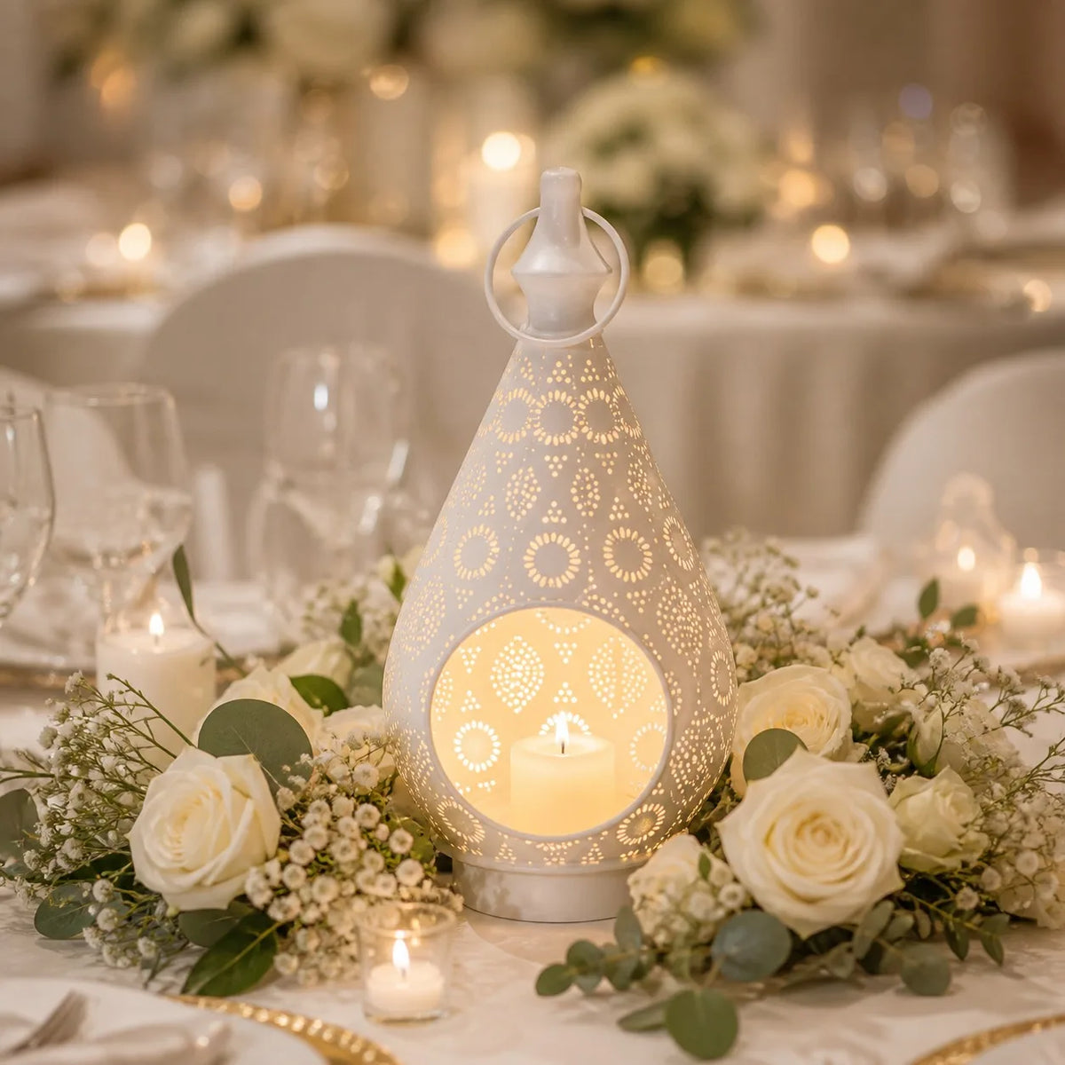 Arabic Openwork Candle Lantern 28.5cm | White Iron Tealight Lantern, Table or Hanging