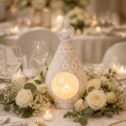Arabic Openwork Candle Lantern 28.5cm | White Iron Tealight Lantern, Table or Hanging