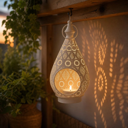 Arabic Openwork Candle Lantern 28.5cm | White Iron Tealight Lantern, Table or Hanging