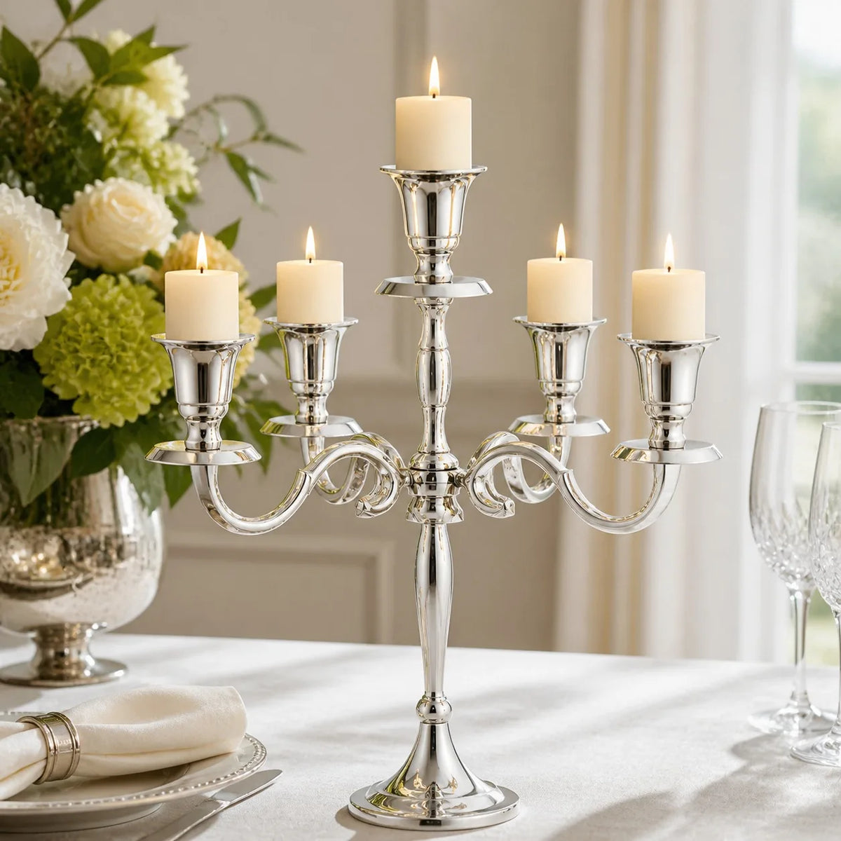 Silver Aluminium Candelabra 28.5cm | Five-Arm Table Candle Holder