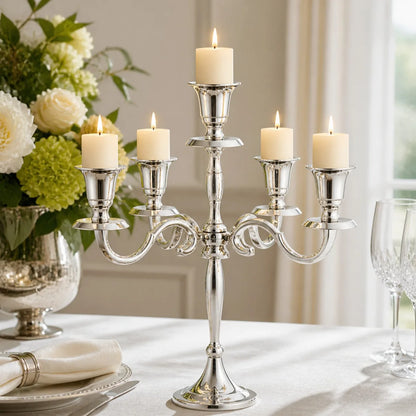 Silver Aluminium Candelabra 28.5cm | Five-Arm Table Candle Holder