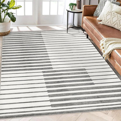 Short pile rug in Pebble Grey, grey stripes on cream