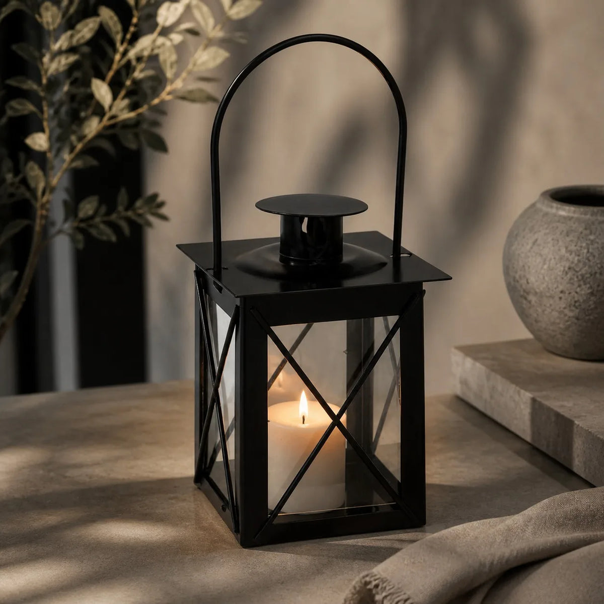 Black Metal & Glass Candle Lantern 16cm | Small Vintage Hanging Lantern