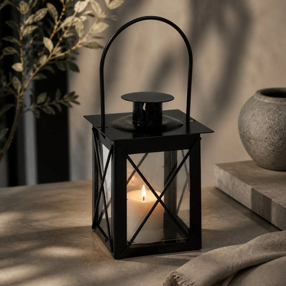 Black Metal & Glass Candle Lantern 16cm | Small Vintage Hanging Lantern