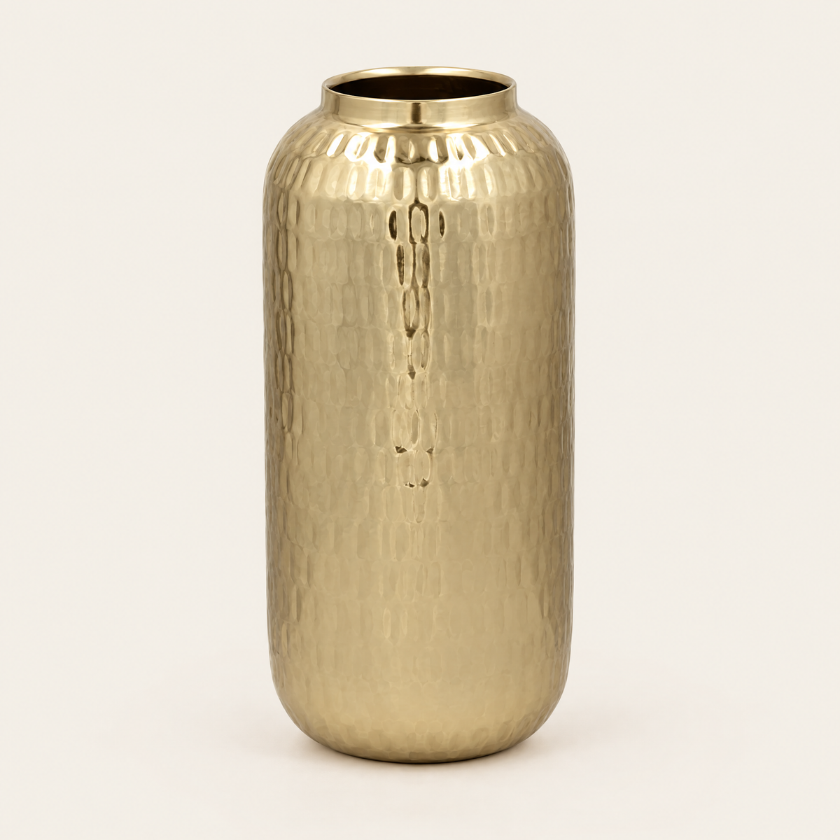 Hammered metal barrel vase 30cm in champagne gold