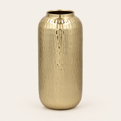 Hammered metal barrel vase 30cm in champagne gold
