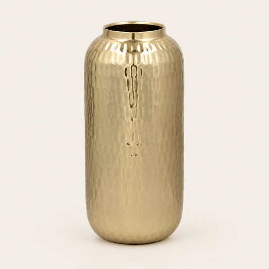 Hammered metal barrel vase 30cm in champagne gold