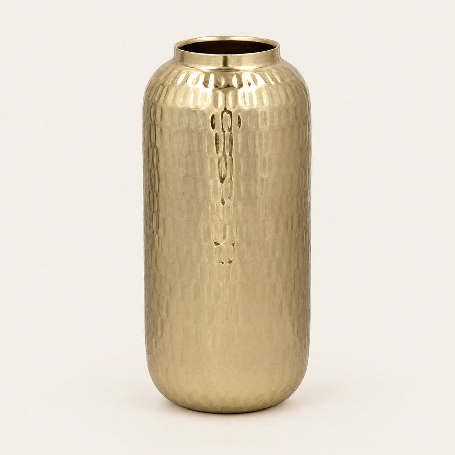 Hammered metal barrel vase 30cm in champagne gold
