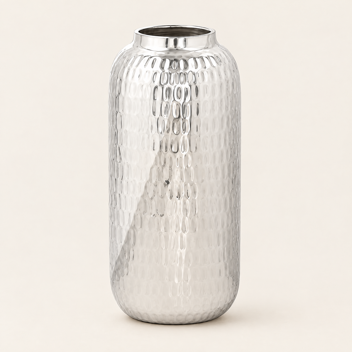 Hammered metal barrel vase 30cm in silver