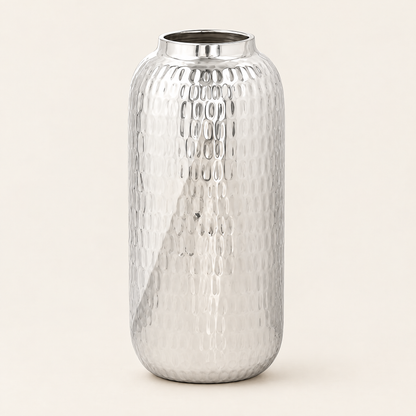 Hammered metal barrel vase 30cm in silver