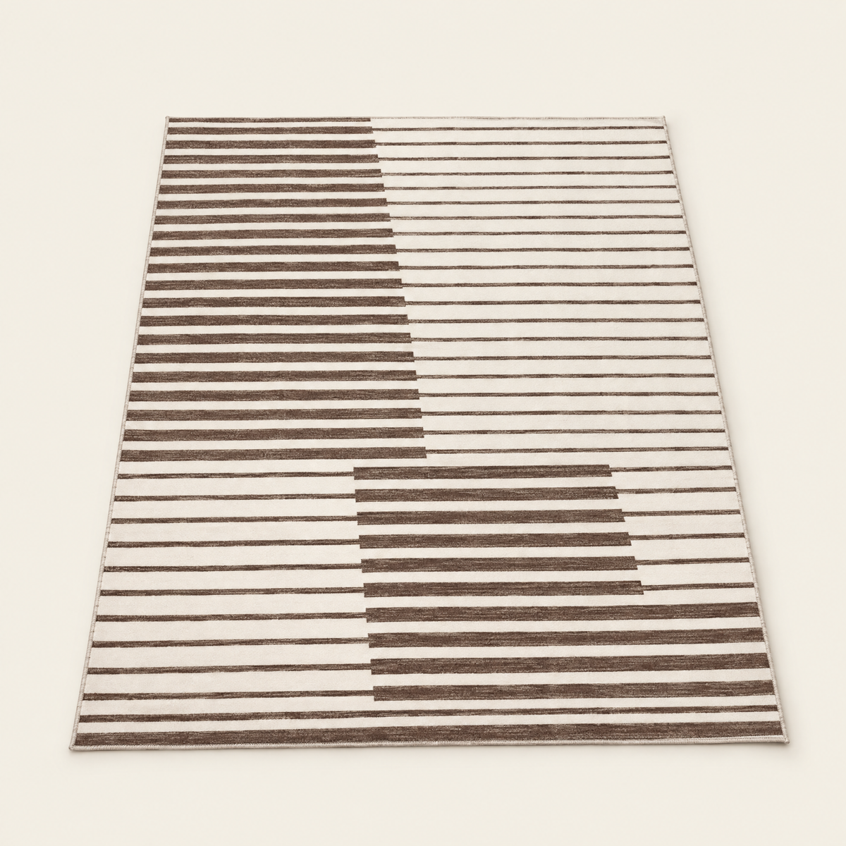 Short pile striped washable rug in mocha brown