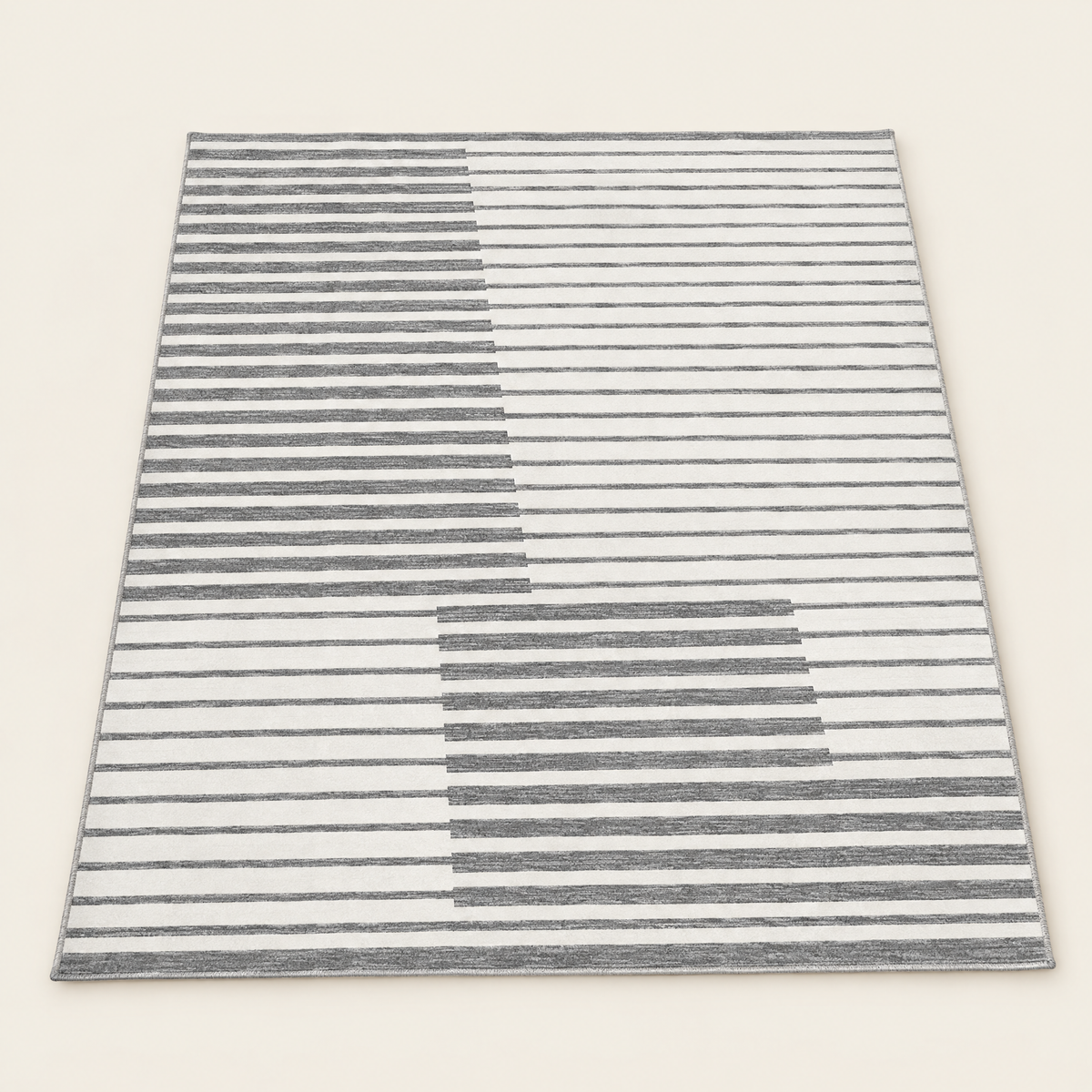 Short pile striped washable rug in pebble grey