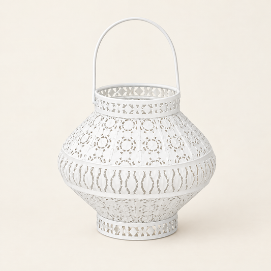 White openwork iron candle lantern with handle