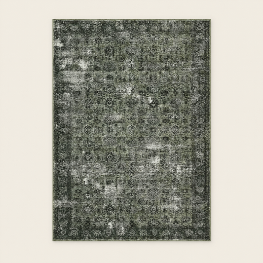 Vintage print washable rug in moss green