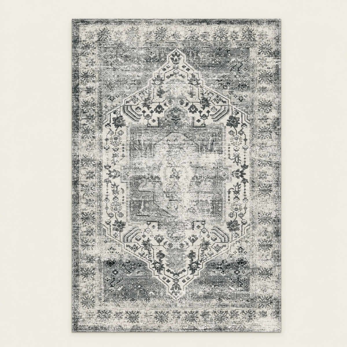 Vintage oriental washable rug in pewter grey