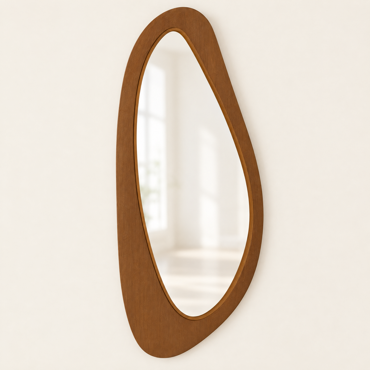 Organic pebble-shaped wall mirror with warm brown wooden frame