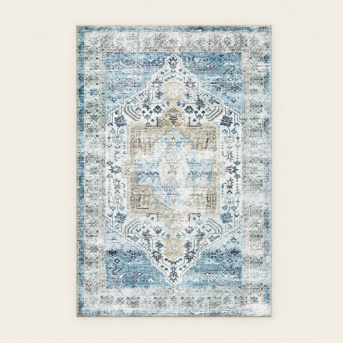 Vintage oriental washable rug in aegean blue